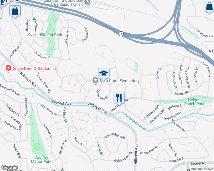 map of restaurants, bars, coffee shops, grocery stores, and more near 3512 Oroville Street in Antioch