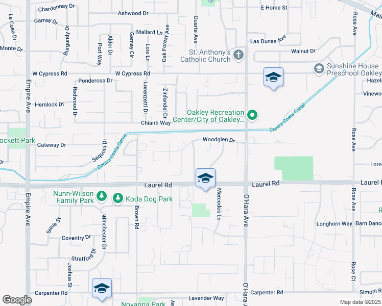 map of restaurants, bars, coffee shops, grocery stores, and more near 300 Woodview Place in Oakley