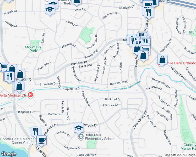 map of restaurants, bars, coffee shops, grocery stores, and more near 753 Hap Arnold Street in Antioch