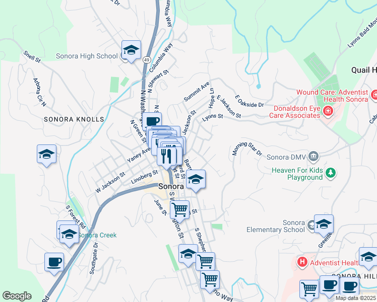 map of restaurants, bars, coffee shops, grocery stores, and more near 100 Hillcrest Drive in Sonora