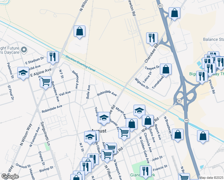 map of restaurants, bars, coffee shops, grocery stores, and more near 2741 Robindale Avenue in Stockton