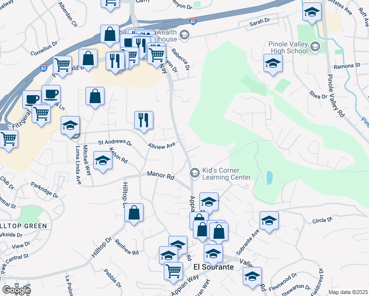 map of restaurants, bars, coffee shops, grocery stores, and more near in El Sobrante