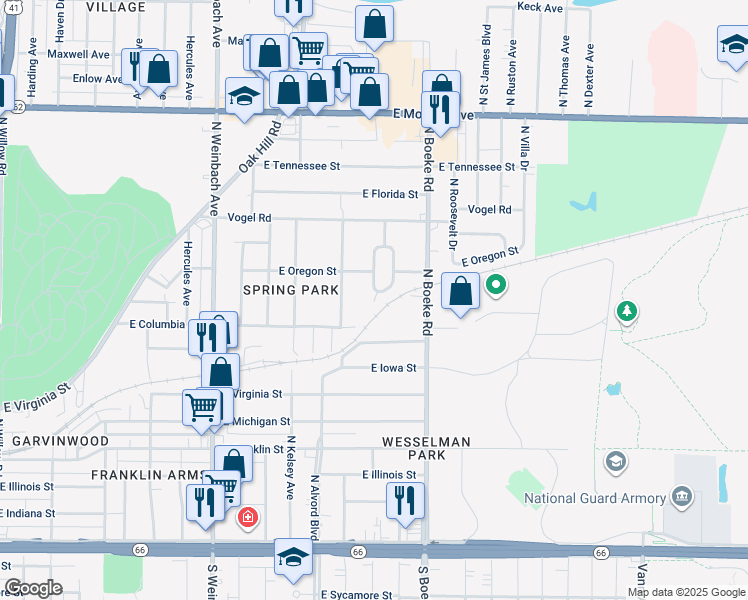 map of restaurants, bars, coffee shops, grocery stores, and more near 920 Fairlawn Circle in Evansville
