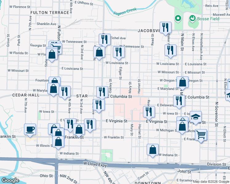 map of restaurants, bars, coffee shops, grocery stores, and more near 609 West Maryland Street in Evansville
