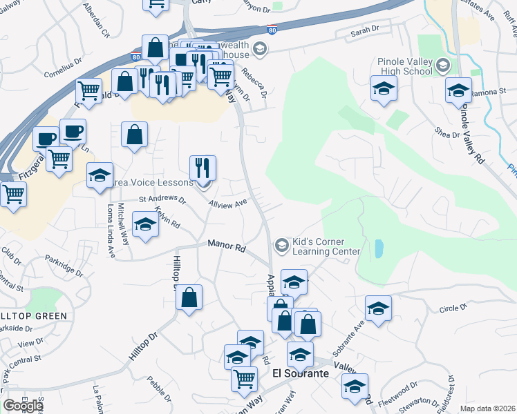 map of restaurants, bars, coffee shops, grocery stores, and more near in El Sobrante