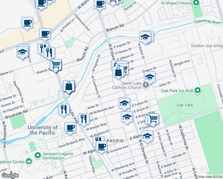 map of restaurants, bars, coffee shops, grocery stores, and more near 18 Downs Street in Stockton