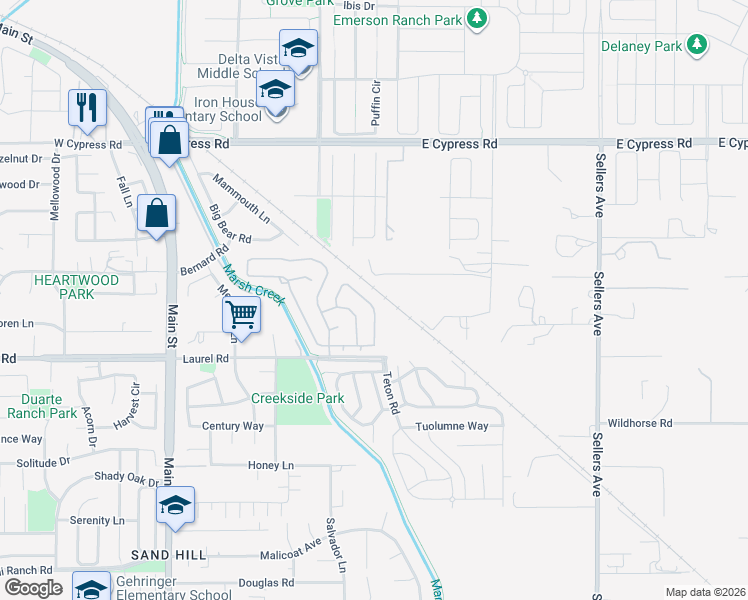 map of restaurants, bars, coffee shops, grocery stores, and more near 520 Mockingbird Lane in Oakley