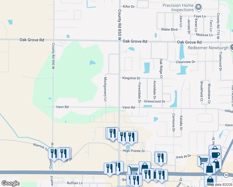 map of restaurants, bars, coffee shops, grocery stores, and more near 3313-3499 County Road 850 W in Newburgh
