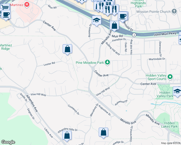 map of restaurants, bars, coffee shops, grocery stores, and more near 987 Morello Avenue in Martinez