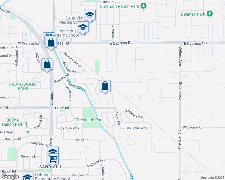 map of restaurants, bars, coffee shops, grocery stores, and more near 520 Mockingbird Lane in Oakley