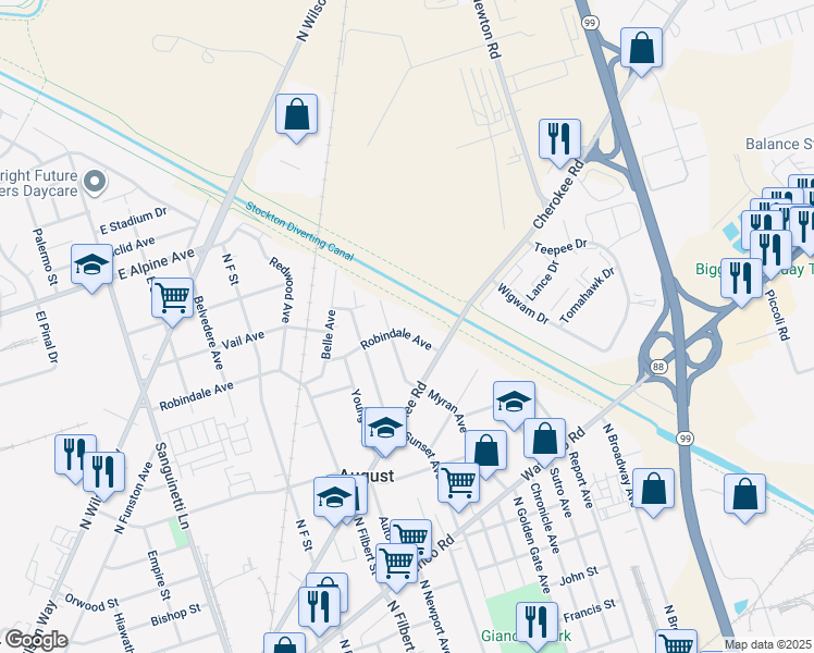 map of restaurants, bars, coffee shops, grocery stores, and more near 2741 Robindale Avenue in Stockton