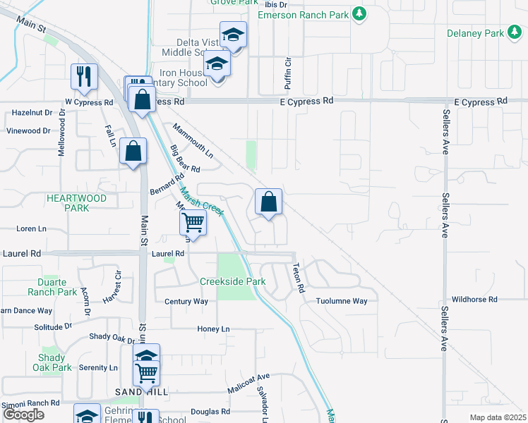 map of restaurants, bars, coffee shops, grocery stores, and more near 661 Mockingbird Lane in Oakley