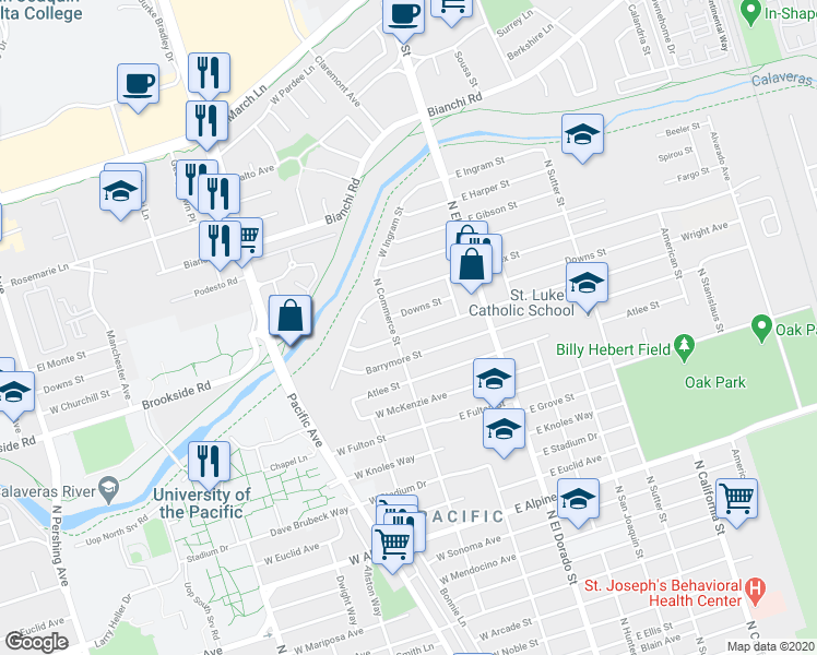 map of restaurants, bars, coffee shops, grocery stores, and more near 79 Churchill Street in Stockton