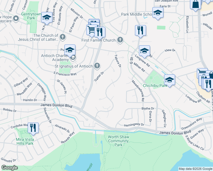 map of restaurants, bars, coffee shops, grocery stores, and more near 3412 Tabora Drive in Antioch