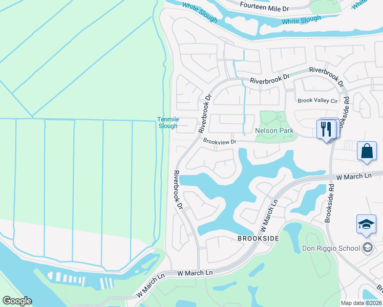 map of restaurants, bars, coffee shops, grocery stores, and more near 4066 Pine Lake Circle in Stockton