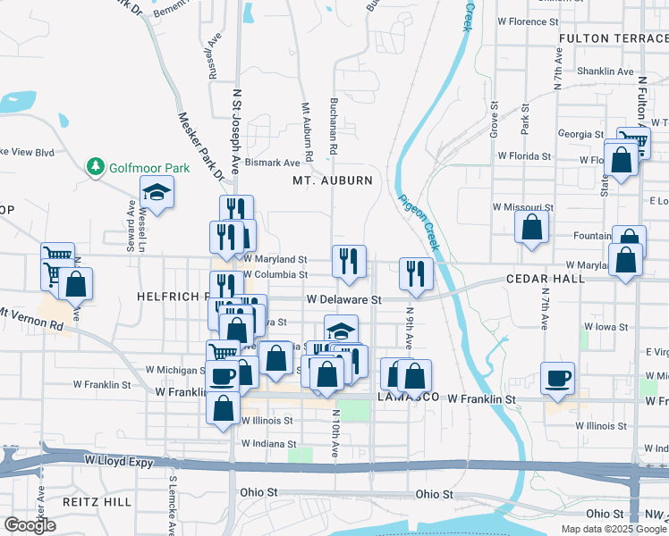 map of restaurants, bars, coffee shops, grocery stores, and more near 2015 West Maryland Street in Evansville
