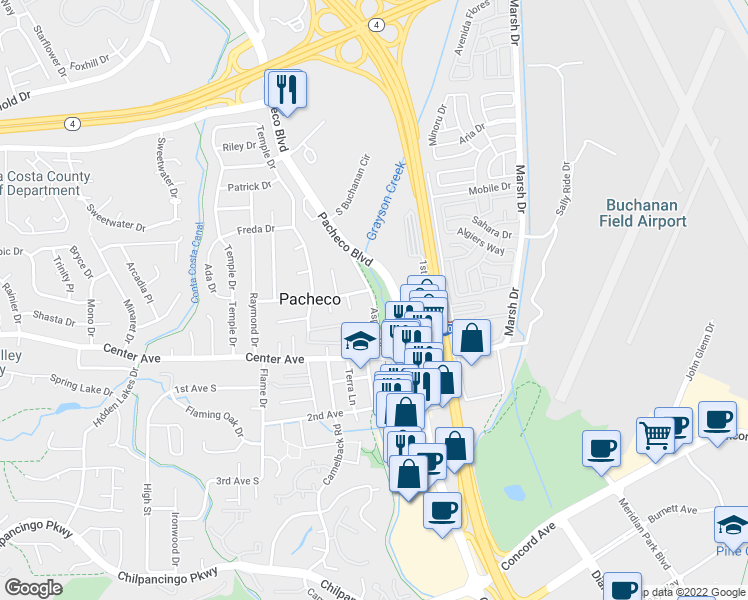 map of restaurants, bars, coffee shops, grocery stores, and more near 67 Aspen Drive in Pacheco