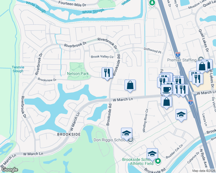map of restaurants, bars, coffee shops, grocery stores, and more near 3485 Brookside Road in Stockton
