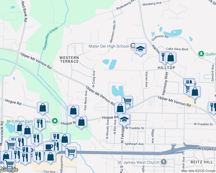 map of restaurants, bars, coffee shops, grocery stores, and more near 3629 Quarry Ridge Drive in Evansville