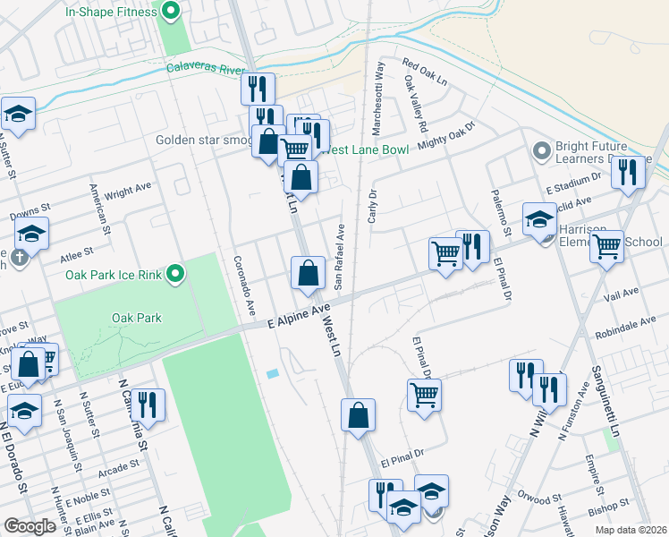 map of restaurants, bars, coffee shops, grocery stores, and more near 3419 North San Rafael Avenue in Stockton