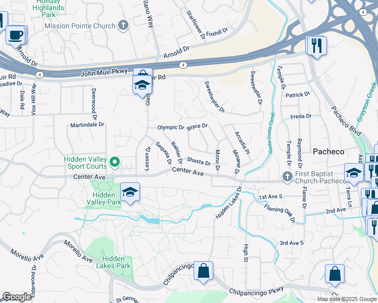 map of restaurants, bars, coffee shops, grocery stores, and more near 2162 Olympic Drive in Martinez