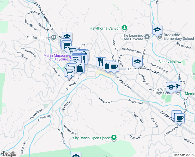 map of restaurants, bars, coffee shops, grocery stores, and more near 128 Mono Avenue in Fairfax