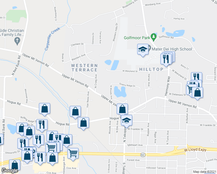 map of restaurants, bars, coffee shops, grocery stores, and more near 710 North Woods Avenue in Evansville