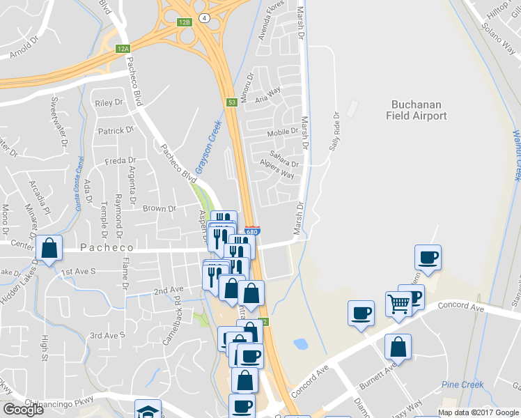 map of restaurants, bars, coffee shops, grocery stores, and more near 174 Medina Drive in Pacheco