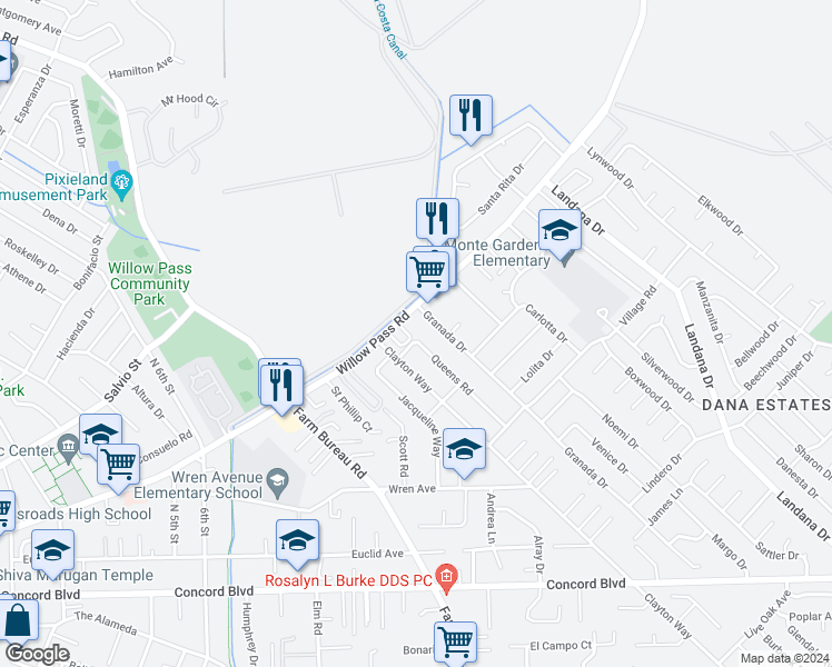 map of restaurants, bars, coffee shops, grocery stores, and more near 1896 Granada Drive in Concord