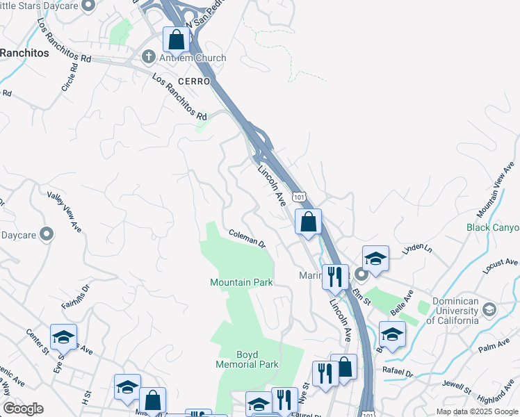map of restaurants, bars, coffee shops, grocery stores, and more near 318 Prospect Drive in San Rafael
