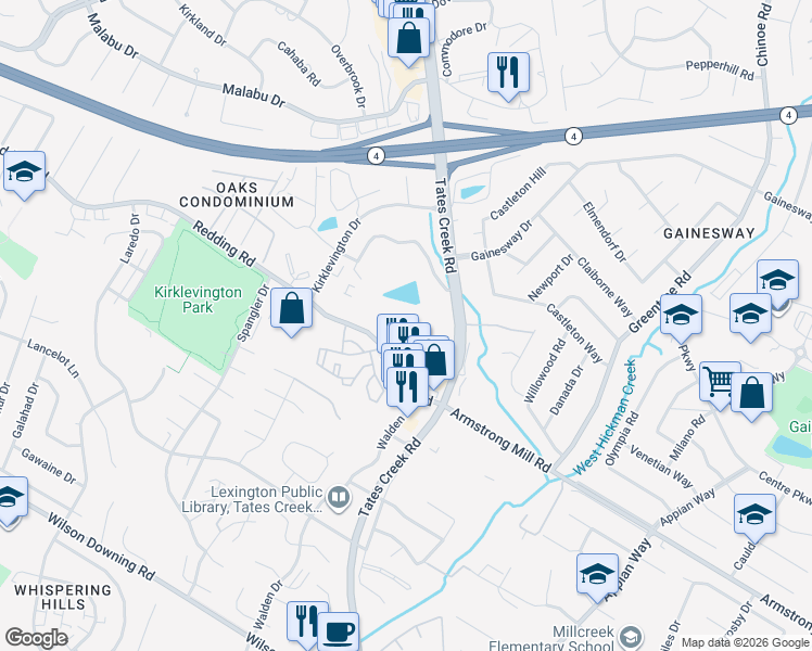 map of restaurants, bars, coffee shops, grocery stores, and more near 421 Redding Road in Lexington
