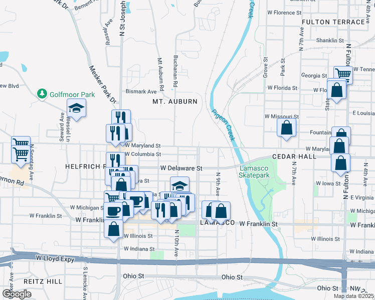 map of restaurants, bars, coffee shops, grocery stores, and more near 1901 West Maryland Street in Evansville