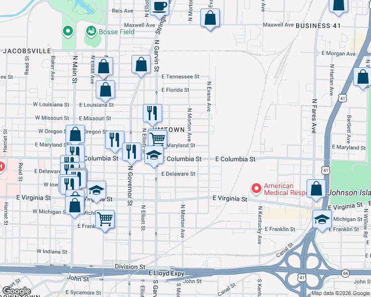 map of restaurants, bars, coffee shops, grocery stores, and more near 913 North Morton Avenue in Evansville