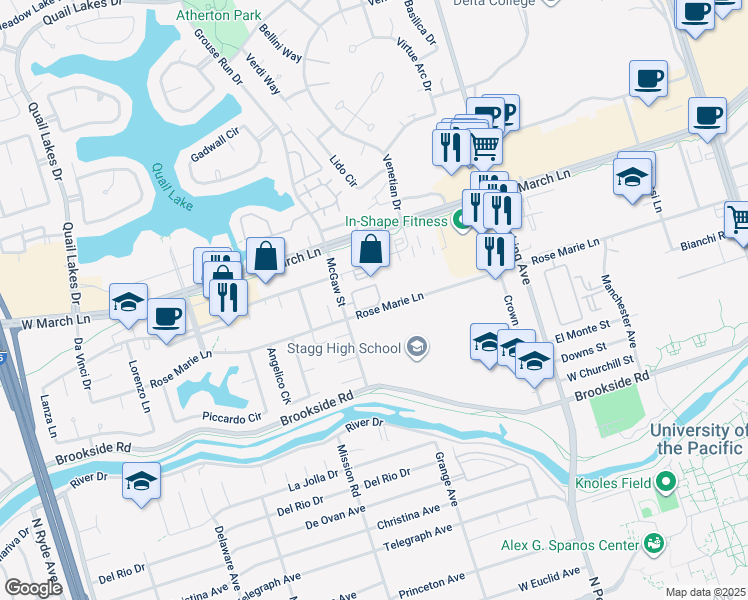 map of restaurants, bars, coffee shops, grocery stores, and more near 4514 McGaw Street in Stockton
