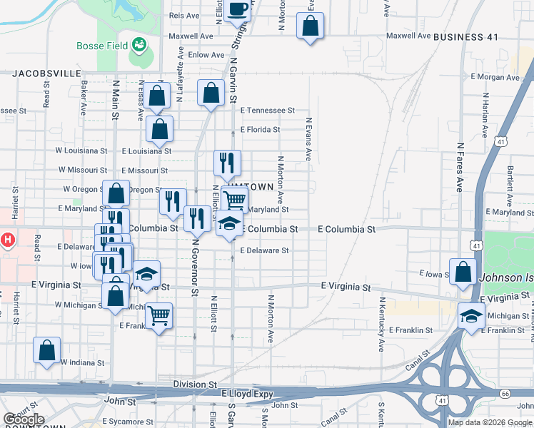 map of restaurants, bars, coffee shops, grocery stores, and more near 636 East Maryland Street in Evansville