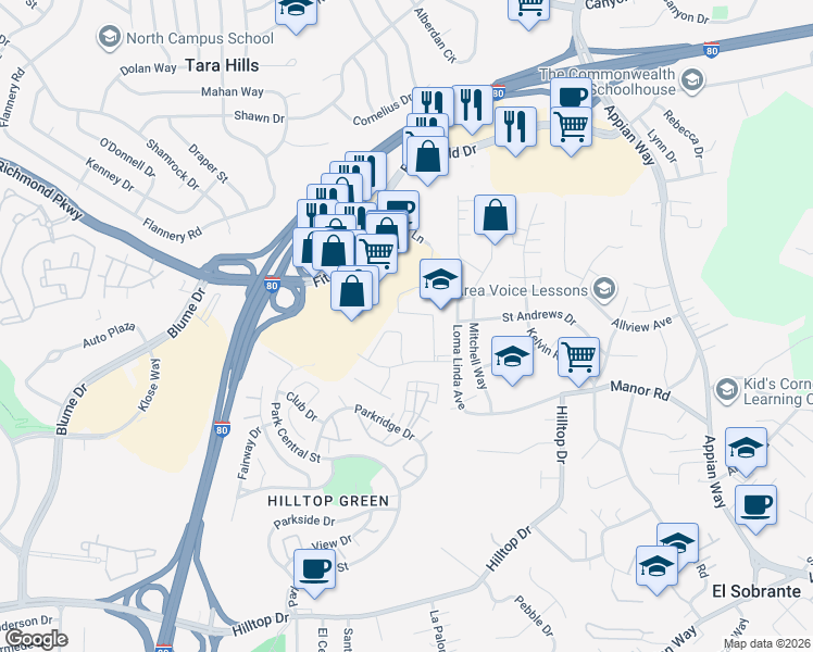 map of restaurants, bars, coffee shops, grocery stores, and more near 1121 Allview Avenue in El Sobrante
