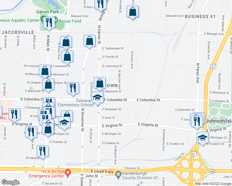 map of restaurants, bars, coffee shops, grocery stores, and more near 649 East Maryland Street in Evansville