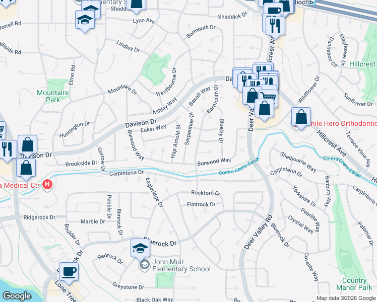 map of restaurants, bars, coffee shops, grocery stores, and more near 3417 Serpentine Drive in Antioch