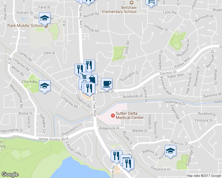 map of restaurants, bars, coffee shops, grocery stores, and more near 136 Rainier Lane in Antioch