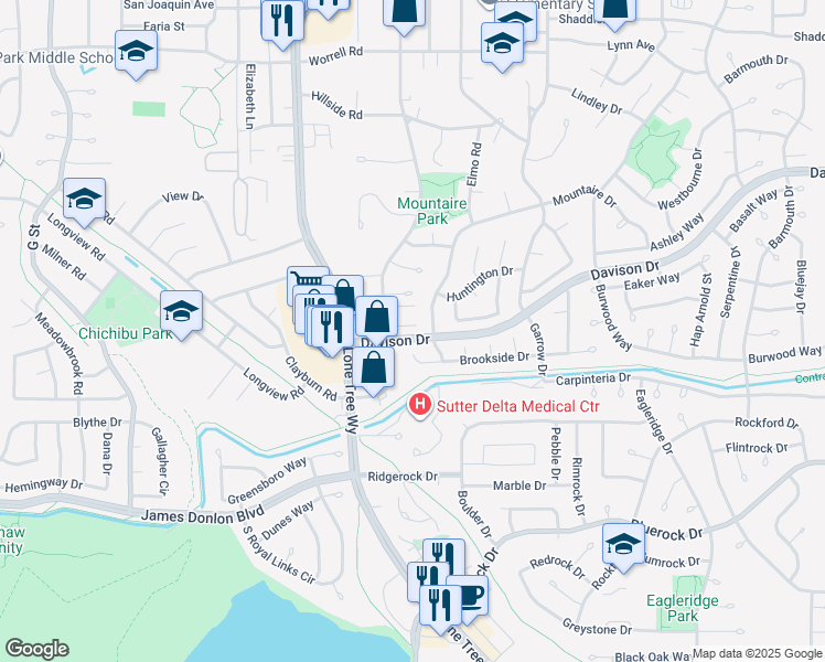 map of restaurants, bars, coffee shops, grocery stores, and more near 136 Rainier Lane in Antioch