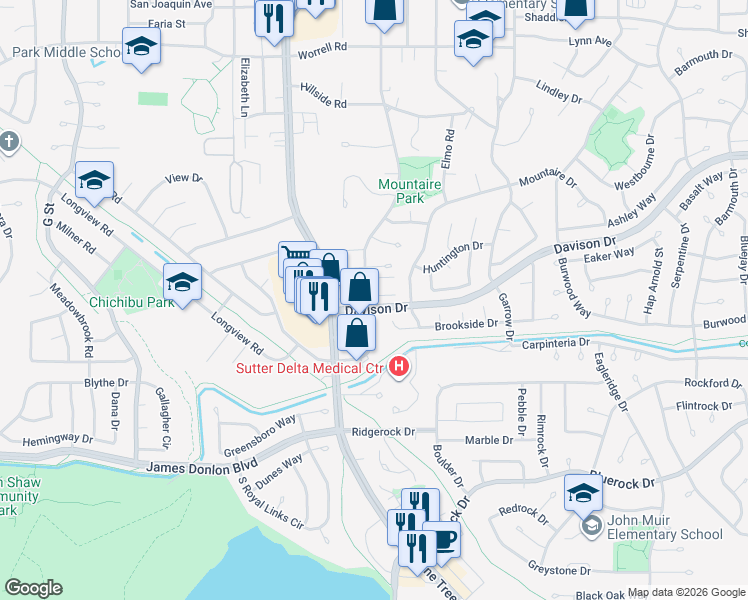map of restaurants, bars, coffee shops, grocery stores, and more near 104 Rainier Lane in Antioch