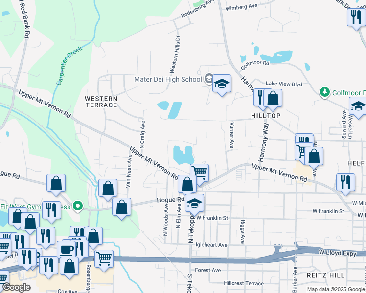 map of restaurants, bars, coffee shops, grocery stores, and more near 3604 Quarry Ridge Drive in Evansville