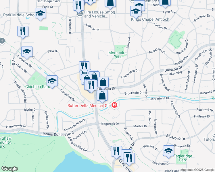 map of restaurants, bars, coffee shops, grocery stores, and more near 104 Rainier Lane in Antioch