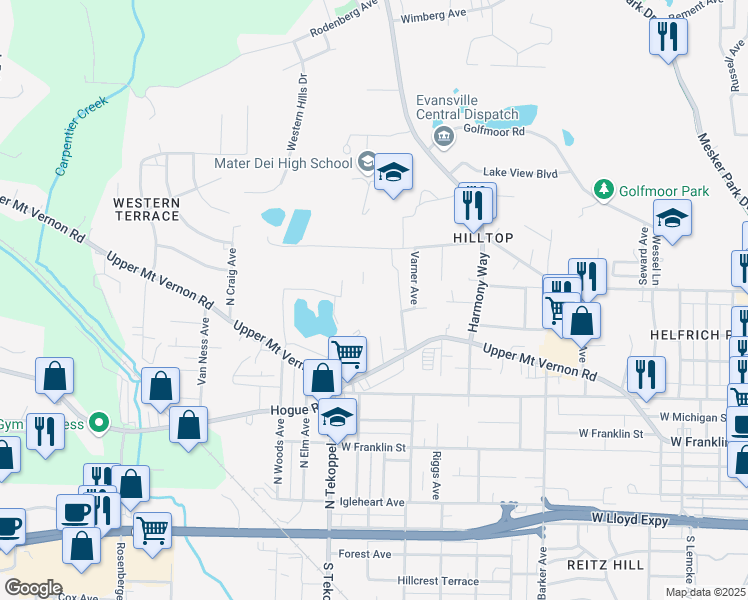 map of restaurants, bars, coffee shops, grocery stores, and more near 3317 Quarry Ridge Drive in Evansville