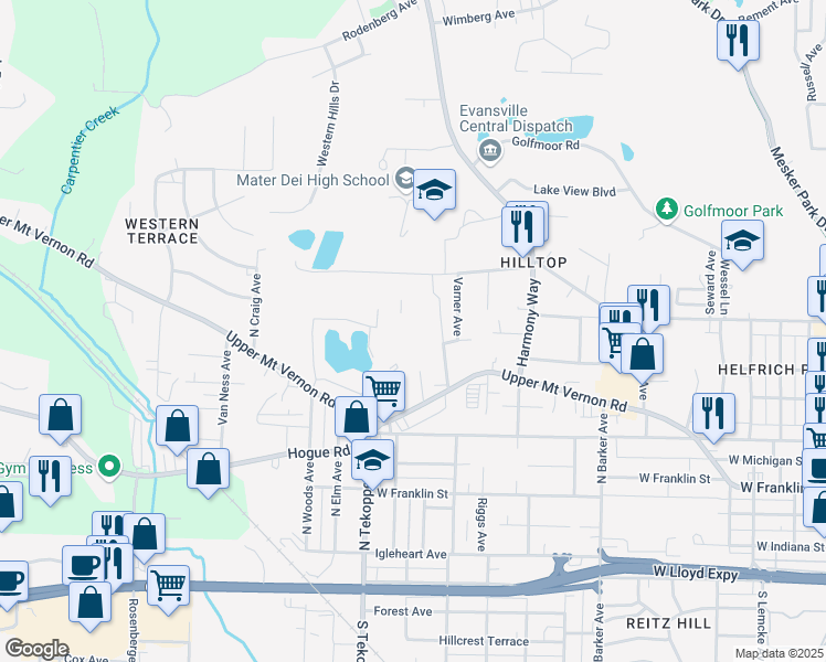 map of restaurants, bars, coffee shops, grocery stores, and more near 3313 Quarry Ridge Drive in Evansville