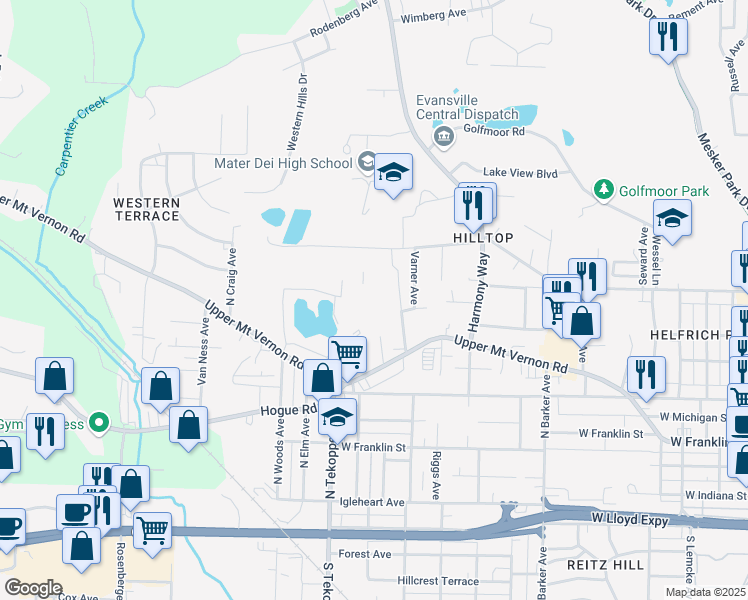 map of restaurants, bars, coffee shops, grocery stores, and more near 3301 Quarry Ridge Drive in Evansville