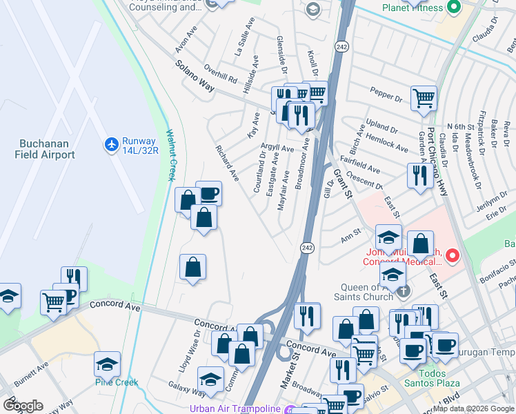 map of restaurants, bars, coffee shops, grocery stores, and more near 2706 Courtland Drive in Concord