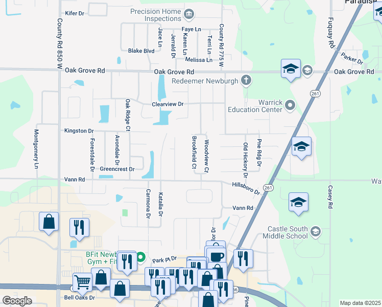 map of restaurants, bars, coffee shops, grocery stores, and more near 3266 Brookfield Drive in Newburgh