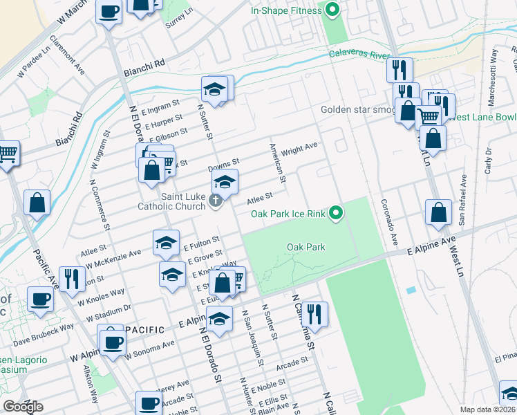 map of restaurants, bars, coffee shops, grocery stores, and more near 457 Atlee Street in Stockton