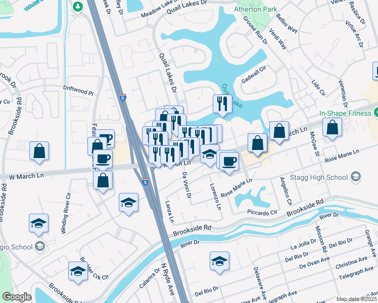 map of restaurants, bars, coffee shops, grocery stores, and more near 4749 Quail Lakes Drive in Stockton